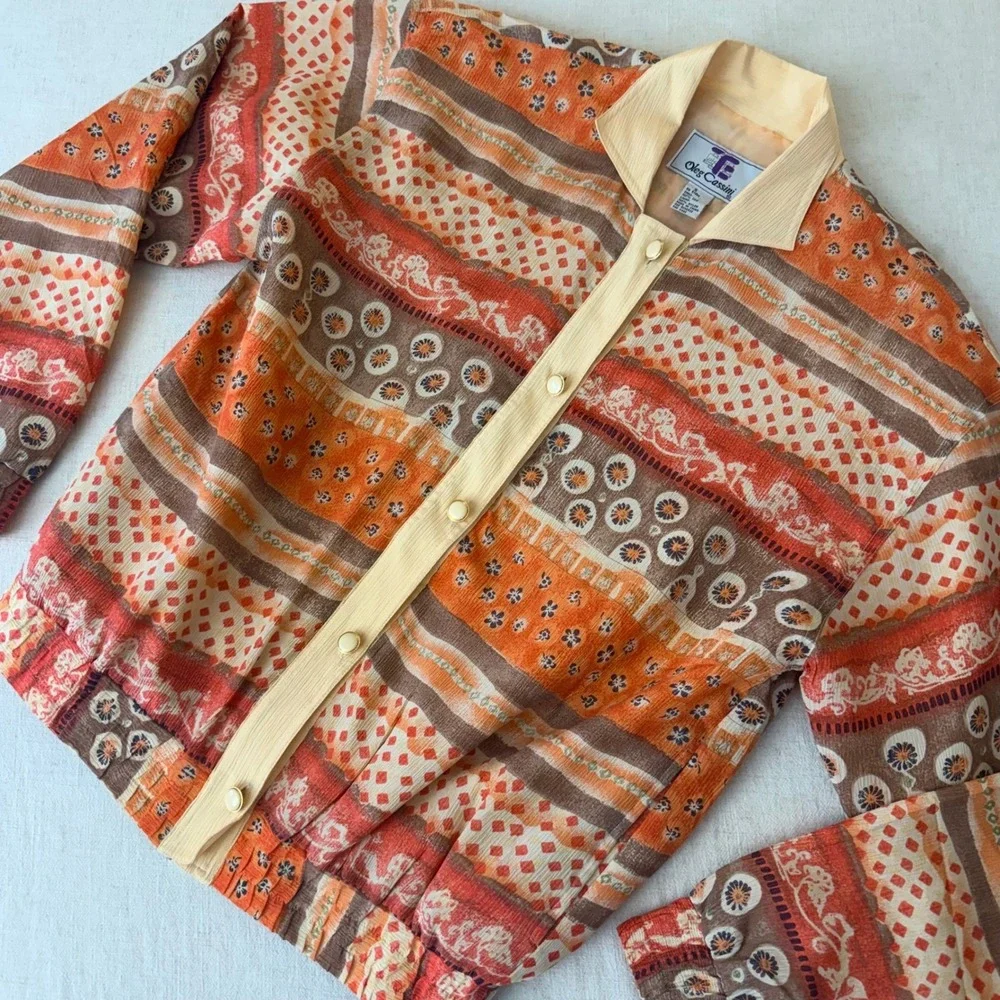 Oleg Cassini Vintage Silk Bomber Jacket Orange Geometric‎ Floral Print Small